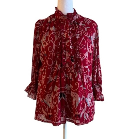 NY Collection Red Ruffle Floral Blouse Size Large - Picture 1 of 6